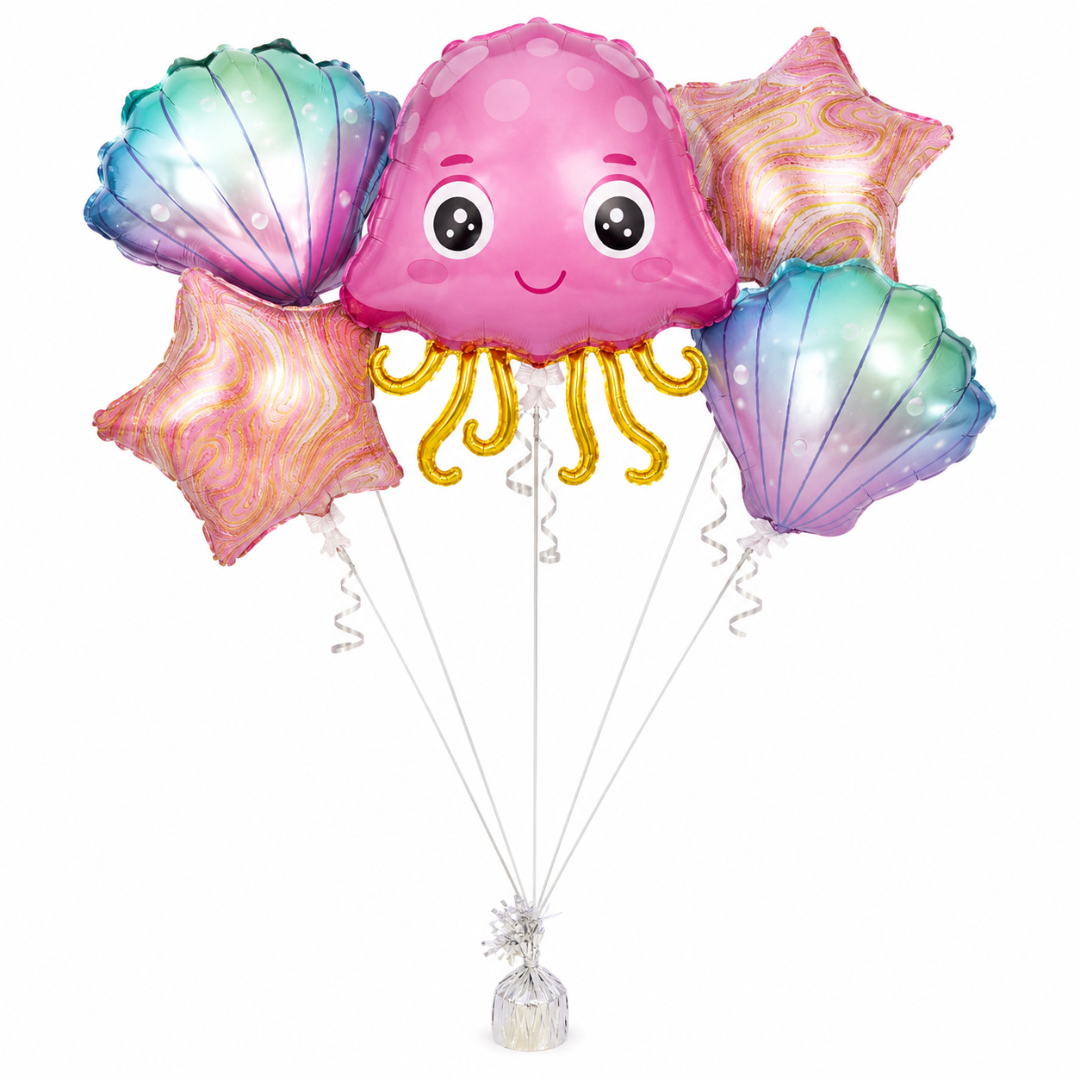 Jellyfish & Seashell Underwater Theme Balloon Bouquet Set – 5 Pcs | Cute Ocean Foil Balloons for Kids Birthday Party, Sea Theme Decoration & Photo Backdrop