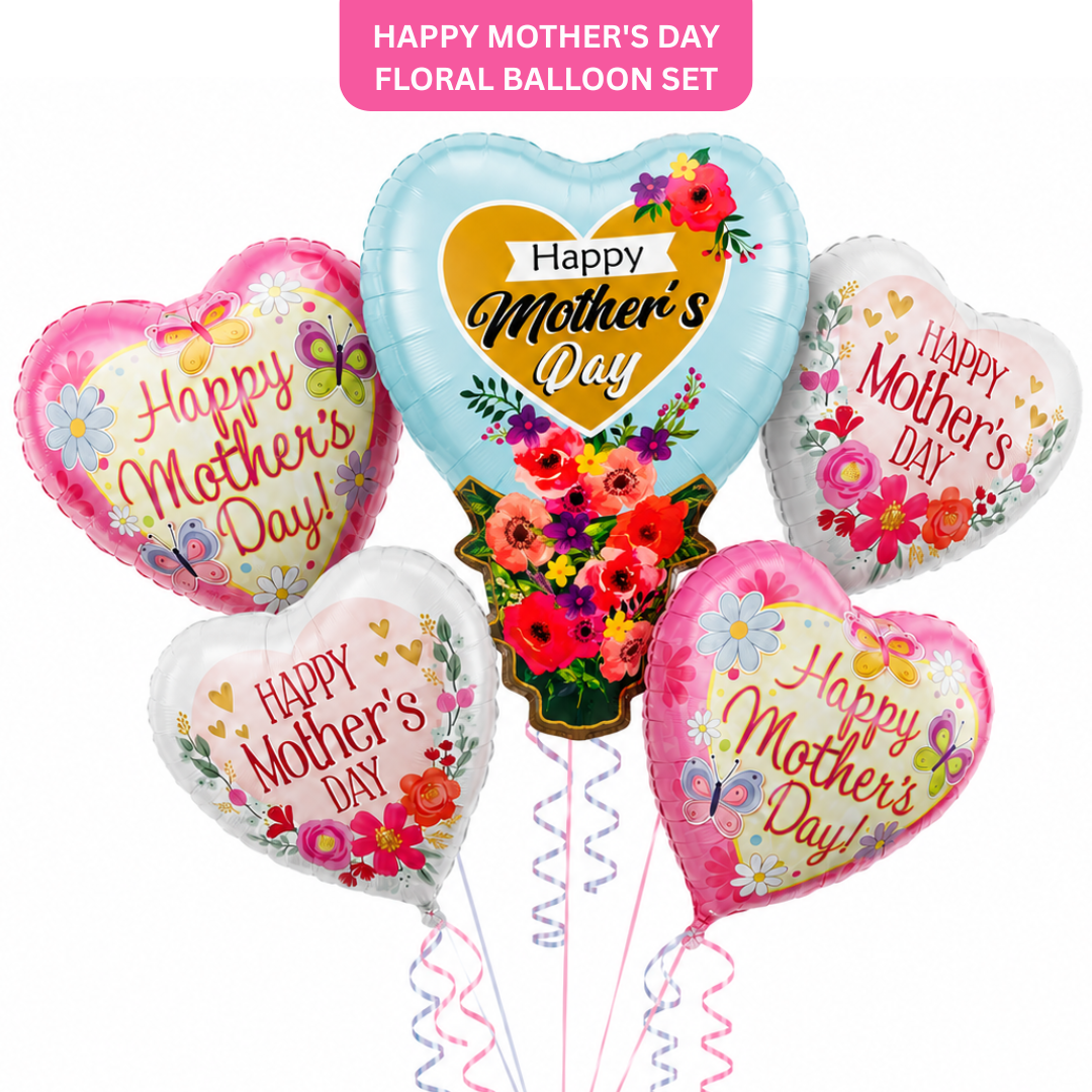 Happy Mother's Day Floral Balloon Bouquet Set – 5 Pcs | Beautiful Heart & Flower Foil Balloons for Mother’s Day Gift, Surprise Decor & Celebration