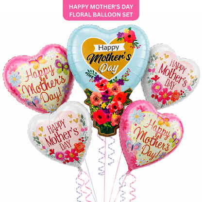 Happy Mother's Day Floral Balloon Bouquet Set – 5 Pcs | Beautiful Heart & Flower Foil Balloons for Mother’s Day Gift, Surprise Decor & Celebration