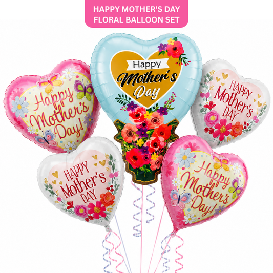 Happy Mother's Day Floral Balloon Bouquet Set – 5 Pcs | Beautiful Heart & Flower Foil Balloons for Mother’s Day Gift, Surprise Decor & Celebration