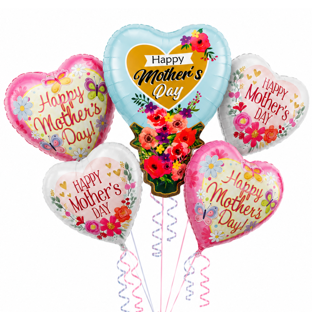 Happy Mother's Day Floral Balloon Bouquet Set – 5 Pcs | Beautiful Heart & Flower Foil Balloons for Mother’s Day Gift, Surprise Decor & Celebration