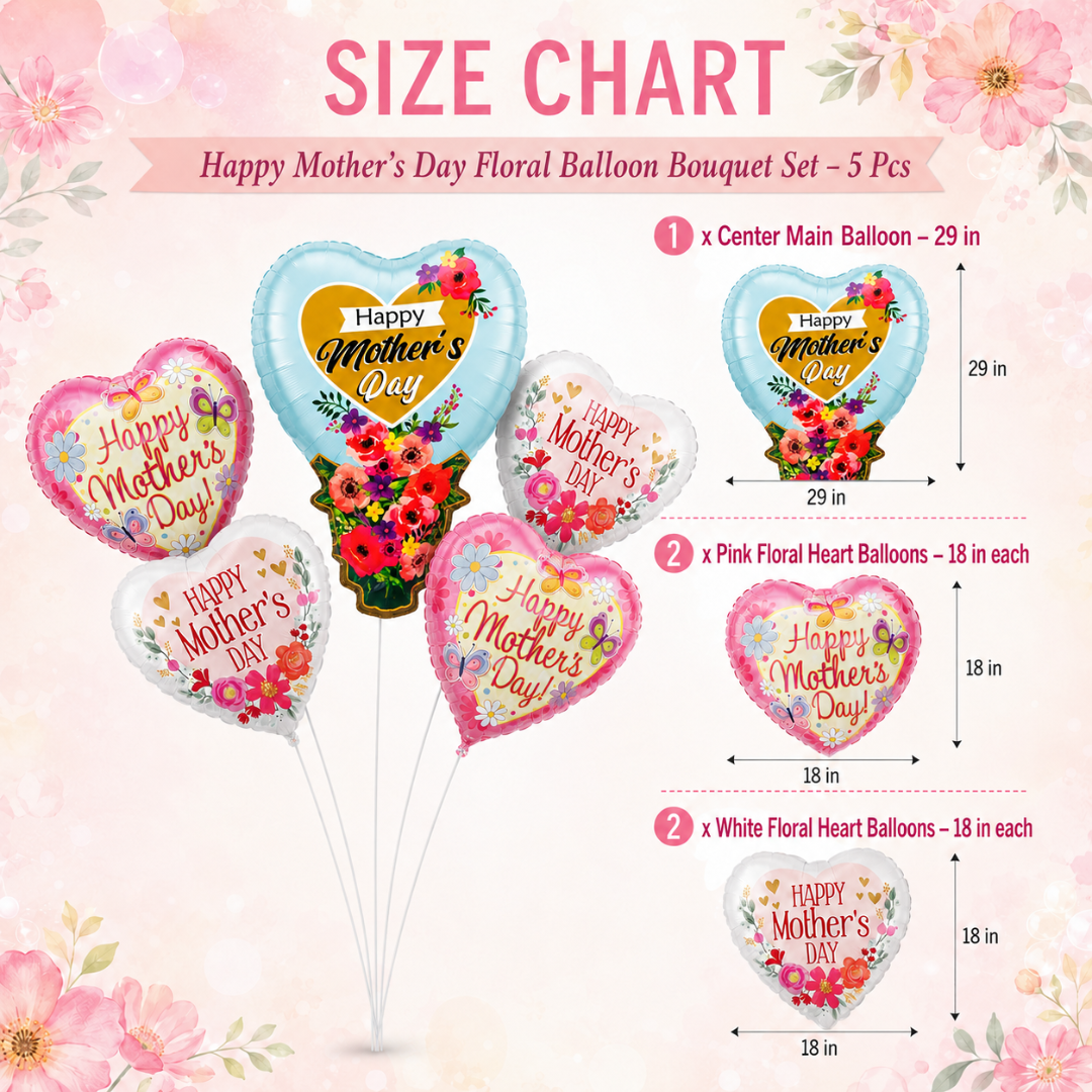Happy Mother's Day Floral Balloon Bouquet Set – 5 Pcs | Beautiful Heart & Flower Foil Balloons for Mother’s Day Gift, Surprise Decor & Celebration