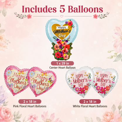 Happy Mother's Day Floral Balloon Bouquet Set – 5 Pcs | Beautiful Heart & Flower Foil Balloons for Mother’s Day Gift, Surprise Decor & Celebration
