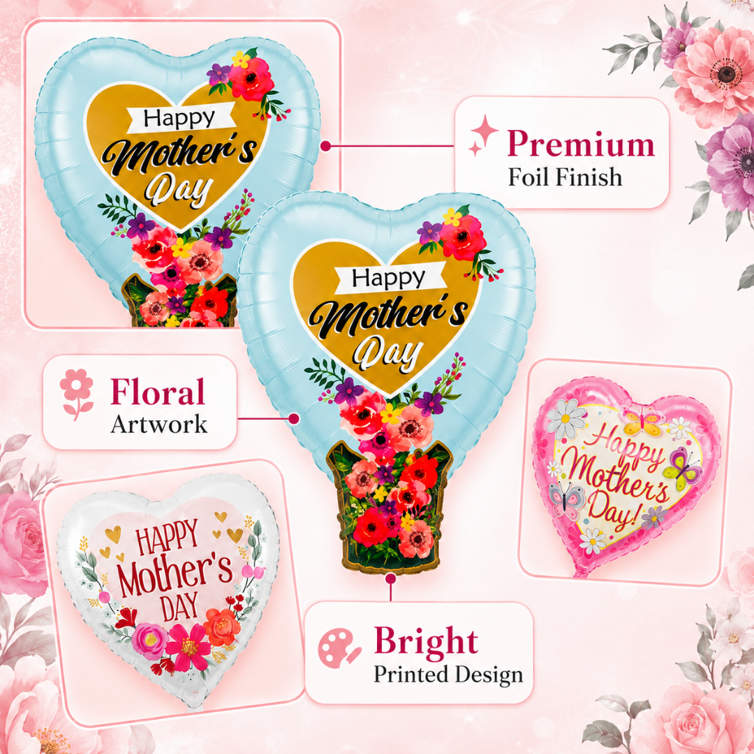Happy Mother's Day Floral Balloon Bouquet Set – 5 Pcs | Beautiful Heart & Flower Foil Balloons for Mother’s Day Gift, Surprise Decor & Celebration