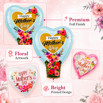Happy Mother's Day Floral Balloon Bouquet Set – 5 Pcs | Beautiful Heart & Flower Foil Balloons for Mother’s Day Gift, Surprise Decor & Celebration