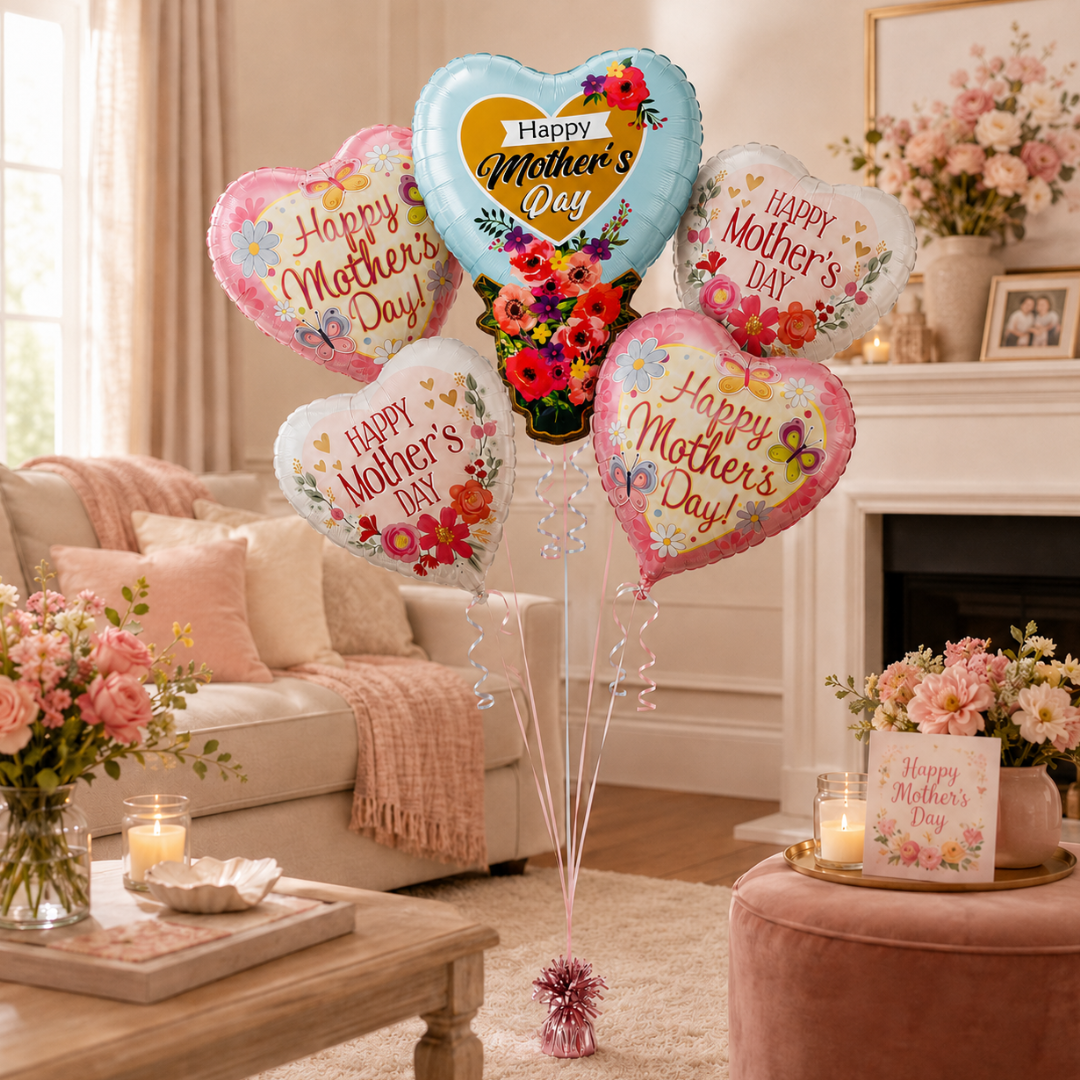 Happy Mother's Day Floral Balloon Bouquet Set – 5 Pcs | Beautiful Heart & Flower Foil Balloons for Mother’s Day Gift, Surprise Decor & Celebration