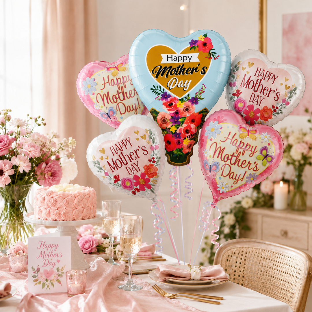 Happy Mother's Day Floral Balloon Bouquet Set – 5 Pcs | Beautiful Heart & Flower Foil Balloons for Mother’s Day Gift, Surprise Decor & Celebration