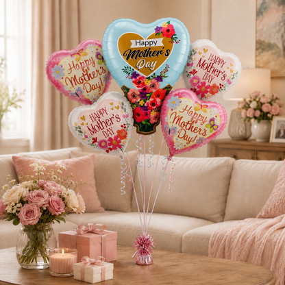 Happy Mother's Day Floral Balloon Bouquet Set – 5 Pcs | Beautiful Heart & Flower Foil Balloons for Mother’s Day Gift, Surprise Decor & Celebration