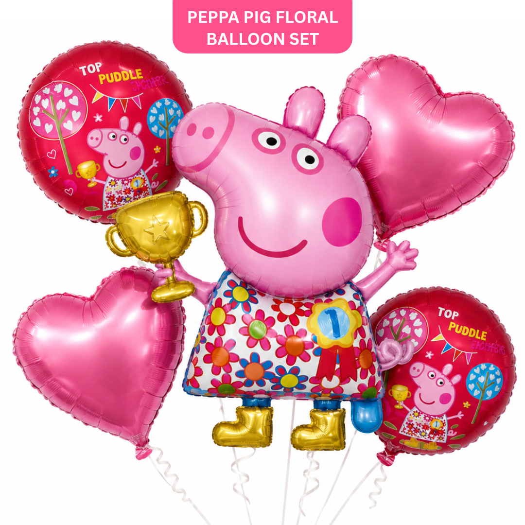 Peppa Pig Floral Print Balloon Bouquet Set – 5 Pcs | Pink Foil Balloons for Kids Birthday Party Decoration