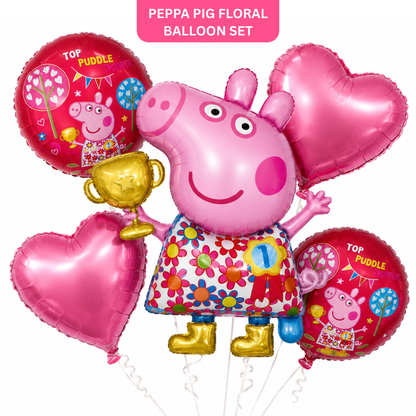 Peppa Pig Floral Print Balloon Bouquet Set – 5 Pcs | Pink Foil Balloons for Kids Birthday Party Decoration