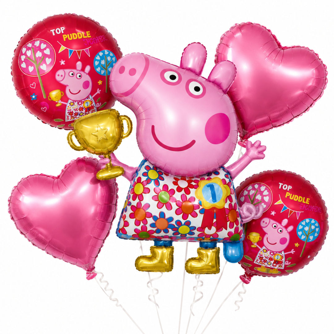 Peppa Pig Floral Print Balloon Bouquet Set – 5 Pcs | Pink Foil Balloons for Kids Birthday Party Decoration