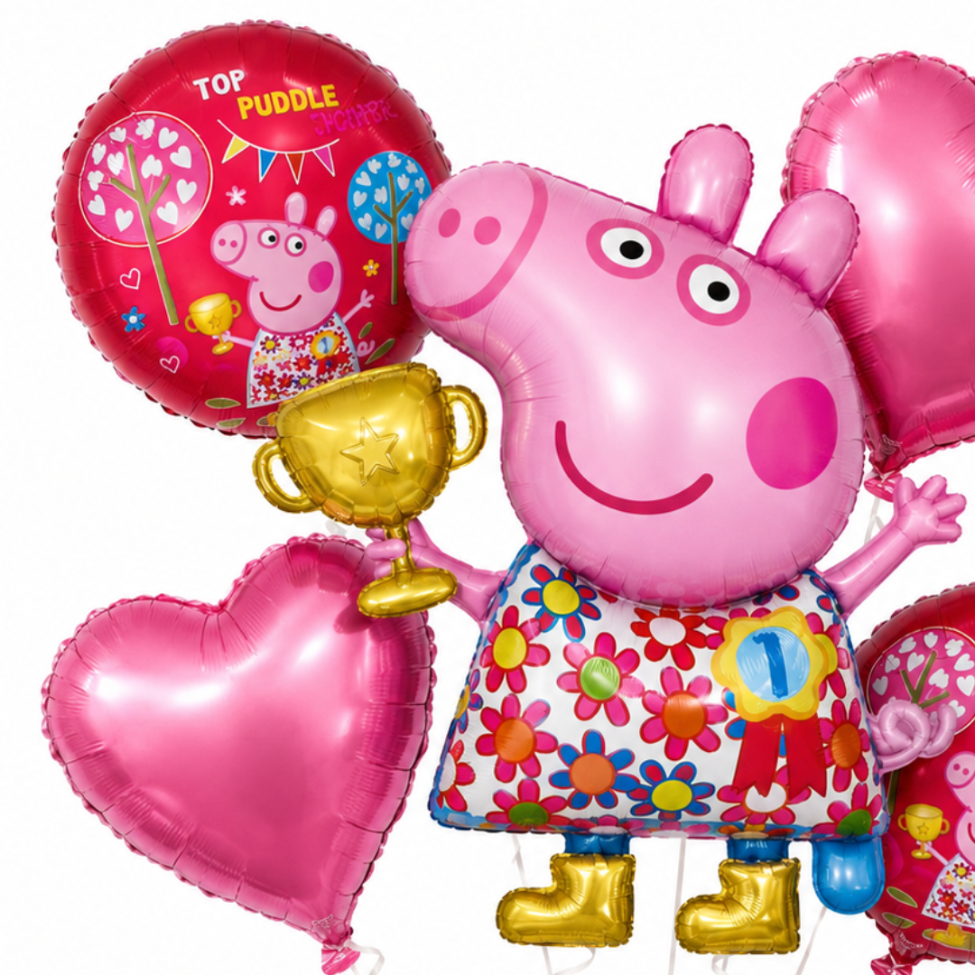 Peppa Pig Floral Print Balloon Bouquet Set – 5 Pcs | Pink Foil Balloons for Kids Birthday Party Decoration