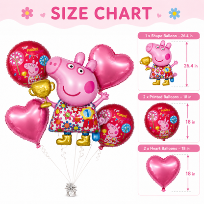 Peppa Pig Floral Print Balloon Bouquet Set – 5 Pcs | Pink Foil Balloons for Kids Birthday Party Decoration