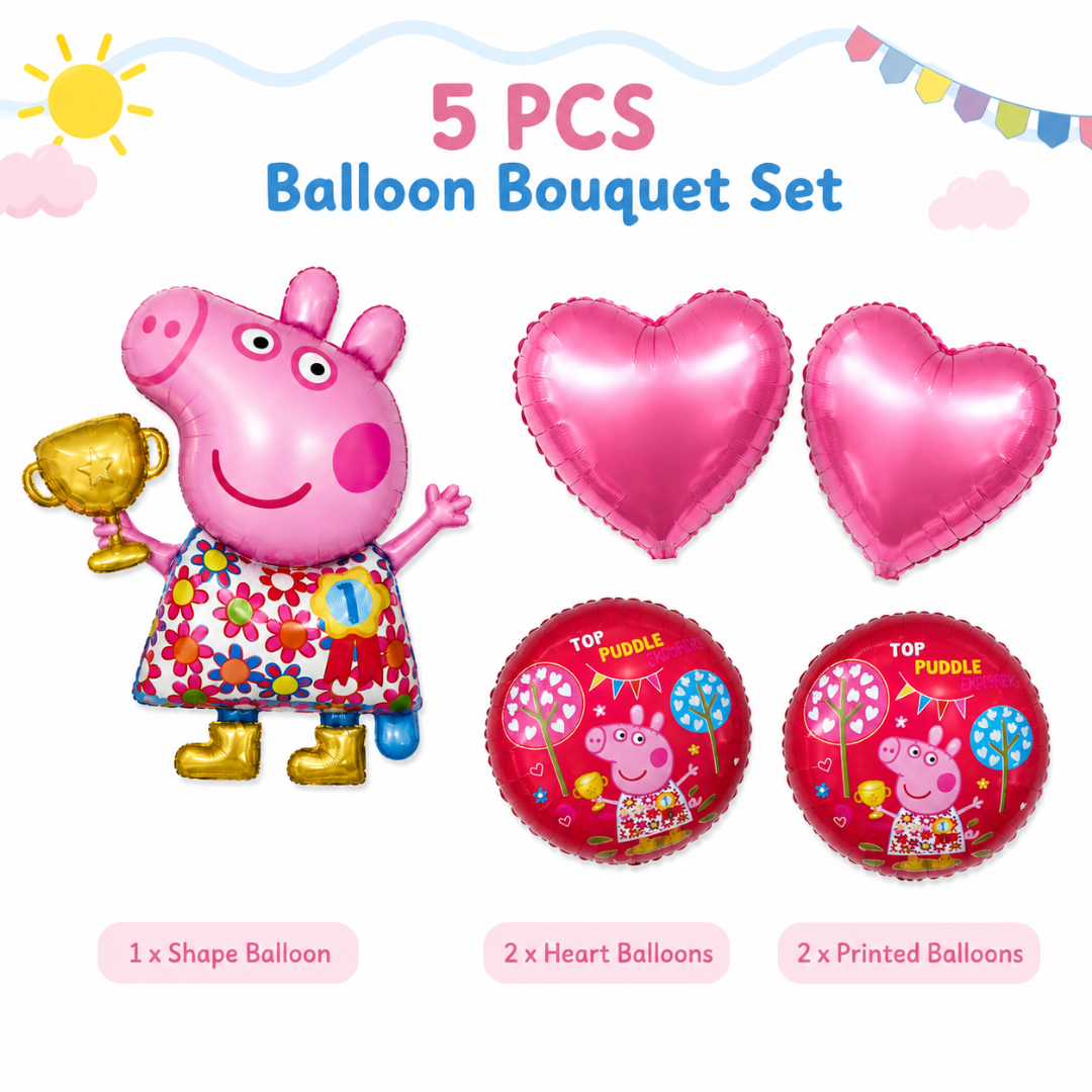 Peppa Pig Floral Print Balloon Bouquet Set – 5 Pcs | Pink Foil Balloons for Kids Birthday Party Decoration