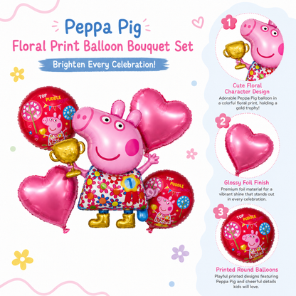 Peppa Pig Floral Print Balloon Bouquet Set – 5 Pcs | Pink Foil Balloons for Kids Birthday Party Decoration