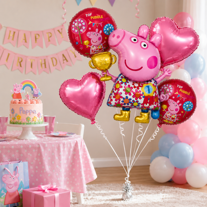 Peppa Pig Floral Print Balloon Bouquet Set – 5 Pcs | Pink Foil Balloons for Kids Birthday Party Decoration
