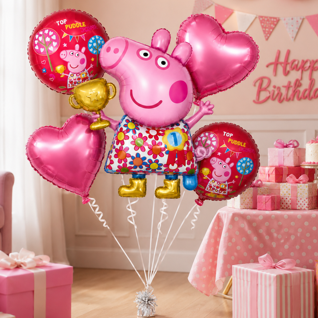 Peppa Pig Floral Print Balloon Bouquet Set – 5 Pcs | Pink Foil Balloons for Kids Birthday Party Decoration