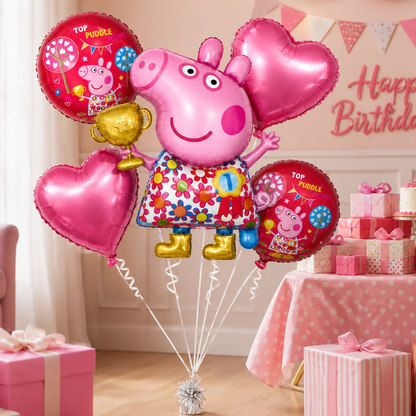 Peppa Pig Floral Print Balloon Bouquet Set – 5 Pcs | Pink Foil Balloons for Kids Birthday Party Decoration