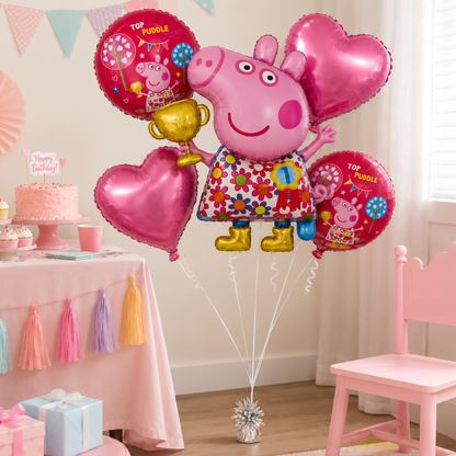 Peppa Pig Floral Print Balloon Bouquet Set – 5 Pcs | Pink Foil Balloons for Kids Birthday Party Decoration