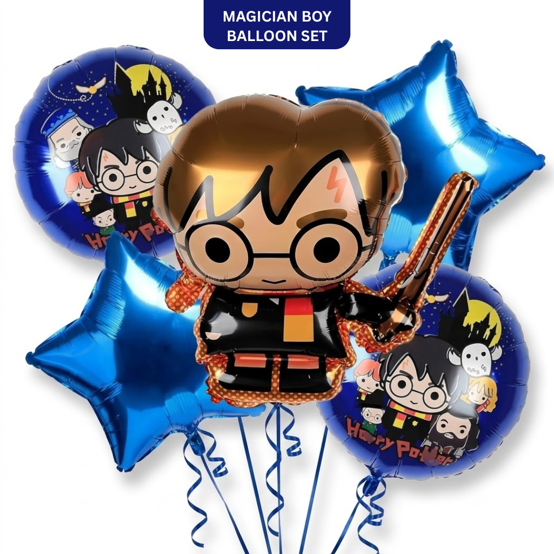 Wanna Party Harry Potter Theme Birthday Balloon Bouquet Set - 5 Pcs | Harry Potter Character, Blue Star & Printed Foil Balloons | Helium Supported Birthday Party Decoration for Kids