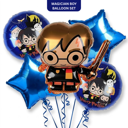 Wanna Party Harry Potter Theme Birthday Balloon Bouquet Set - 5 Pcs | Harry Potter Character, Blue Star & Printed Foil Balloons | Helium Supported Birthday Party Decoration for Kids