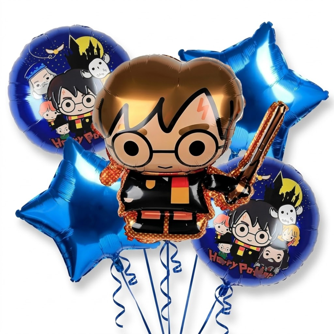 Wanna Party Harry Potter Theme Birthday Balloon Bouquet Set - 5 Pcs | Harry Potter Character, Blue Star & Printed Foil Balloons | Helium Supported Birthday Party Decoration for Kids