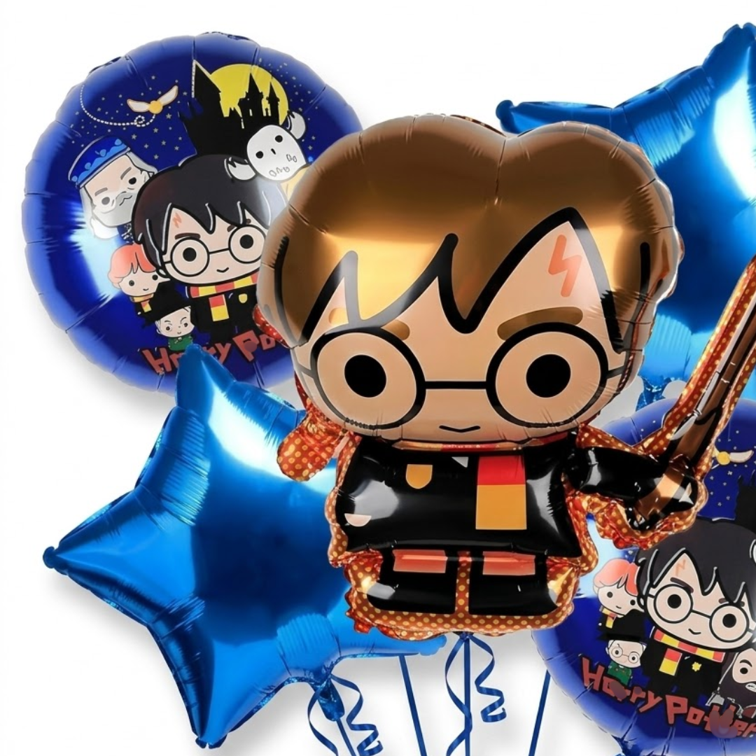 Wanna Party Harry Potter Theme Birthday Balloon Bouquet Set - 5 Pcs | Harry Potter Character, Blue Star & Printed Foil Balloons | Helium Supported Birthday Party Decoration for Kids