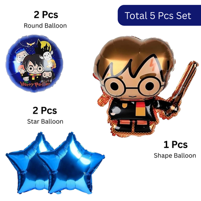 Wanna Party Harry Potter Theme Birthday Balloon Bouquet Set - 5 Pcs | Harry Potter Character, Blue Star & Printed Foil Balloons | Helium Supported Birthday Party Decoration for Kids
