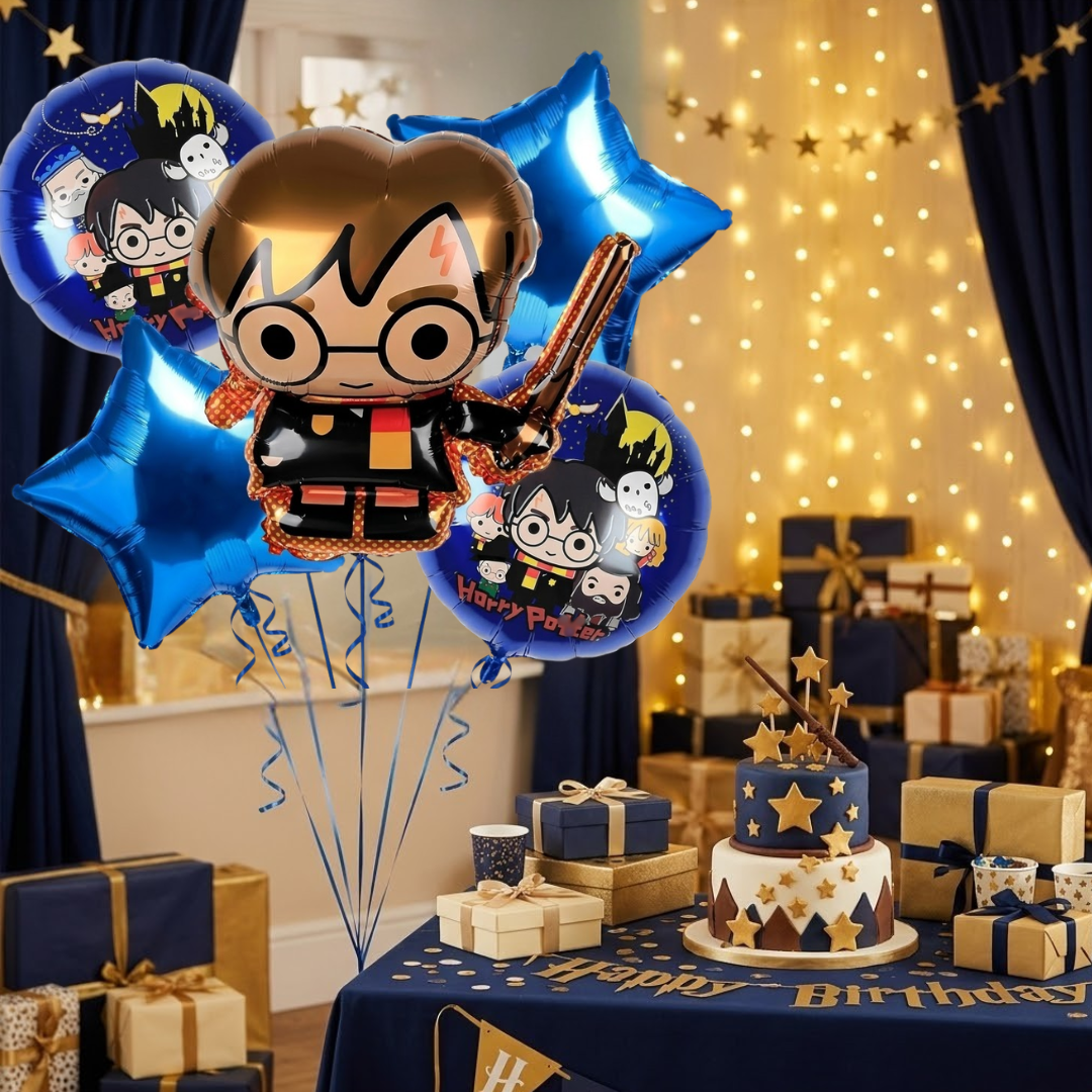Wanna Party Harry Potter Theme Birthday Balloon Bouquet Set - 5 Pcs | Harry Potter Character, Blue Star & Printed Foil Balloons | Helium Supported Birthday Party Decoration for Kids