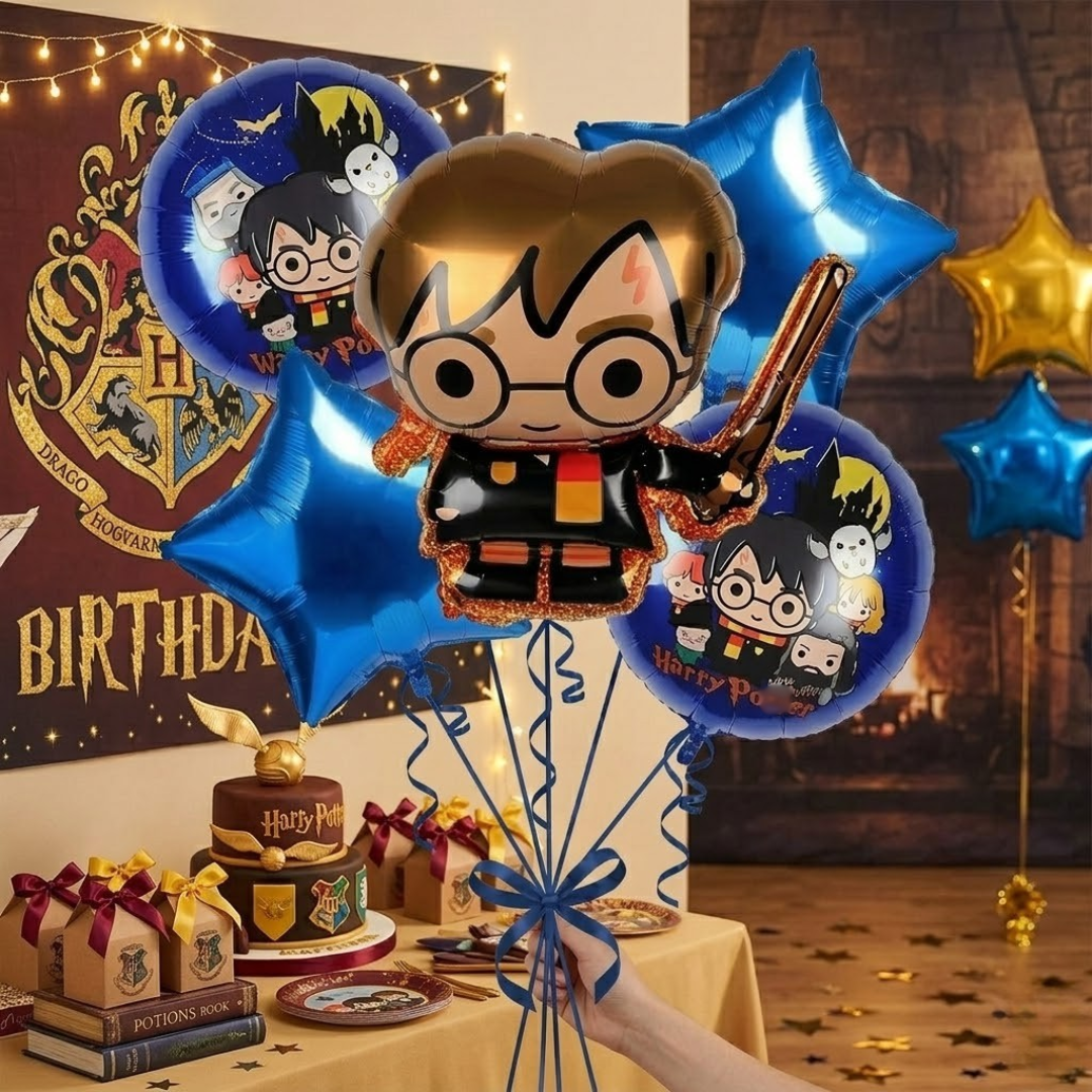 Wanna Party Harry Potter Theme Birthday Balloon Bouquet Set - 5 Pcs | Harry Potter Character, Blue Star & Printed Foil Balloons | Helium Supported Birthday Party Decoration for Kids