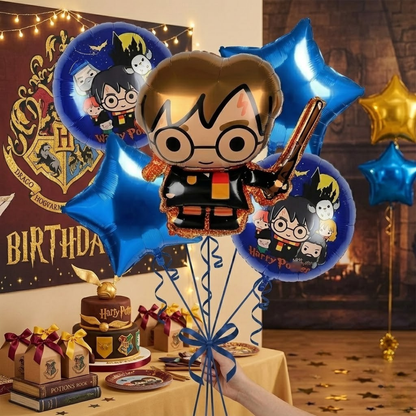 Wanna Party Harry Potter Theme Birthday Balloon Bouquet Set - 5 Pcs | Harry Potter Character, Blue Star & Printed Foil Balloons | Helium Supported Birthday Party Decoration for Kids