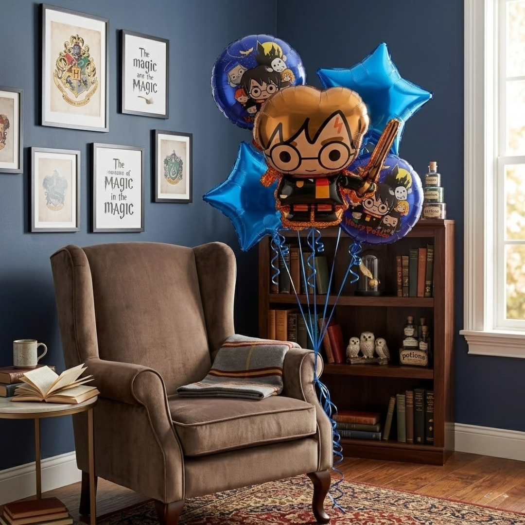 Wanna Party Harry Potter Theme Birthday Balloon Bouquet Set - 5 Pcs | Harry Potter Character, Blue Star & Printed Foil Balloons | Helium Supported Birthday Party Decoration for Kids
