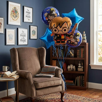 Wanna Party Harry Potter Theme Birthday Balloon Bouquet Set - 5 Pcs | Harry Potter Character, Blue Star & Printed Foil Balloons | Helium Supported Birthday Party Decoration for Kids