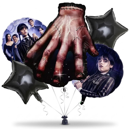 Wednesday Hand Balloon Bouquet Set – 5 Pcs | Spooky Black Star Foil Balloons for Kids Birthday Party Decoration