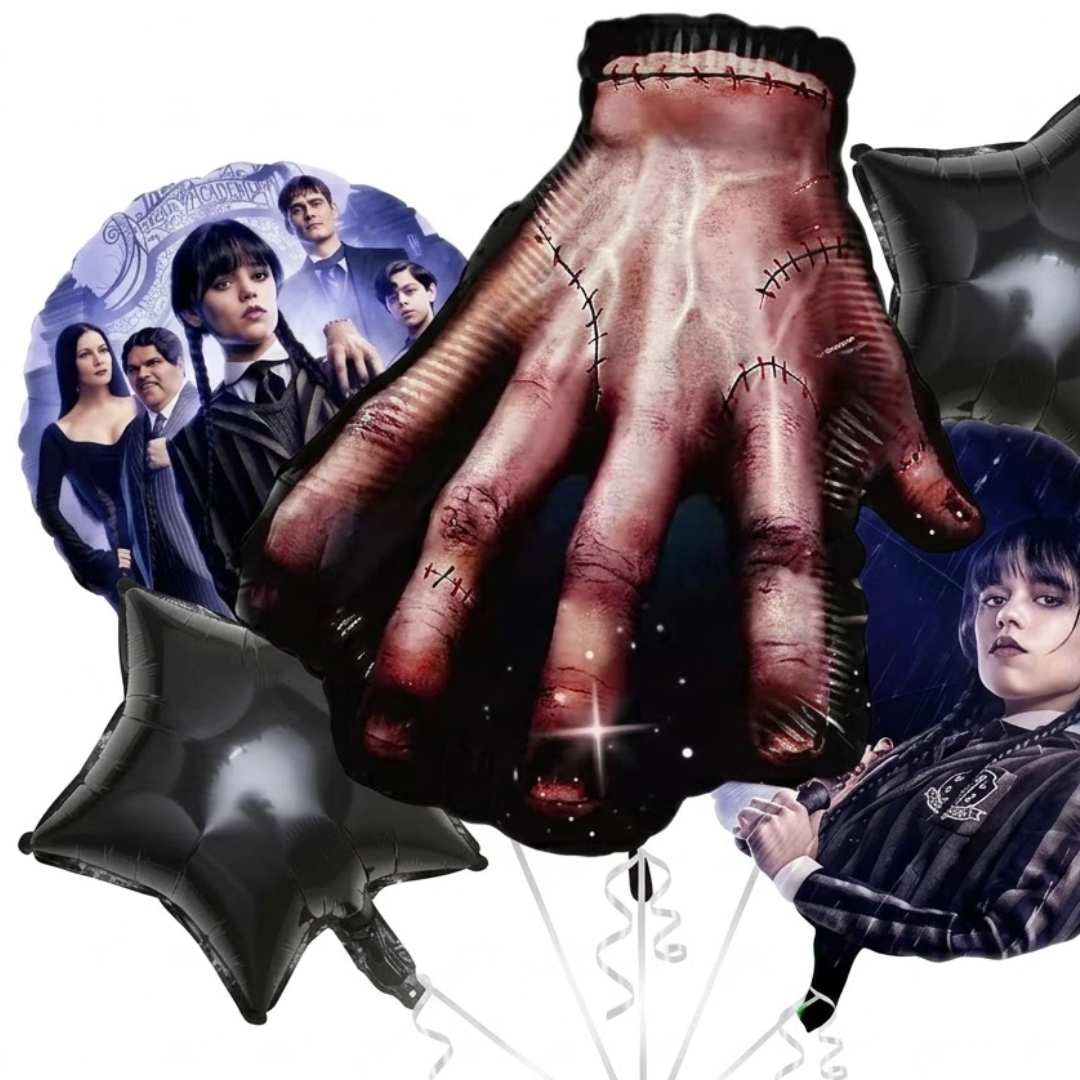 Wednesday Hand Balloon Bouquet Set – 5 Pcs | Spooky Black Star Foil Balloons for Kids Birthday Party Decoration