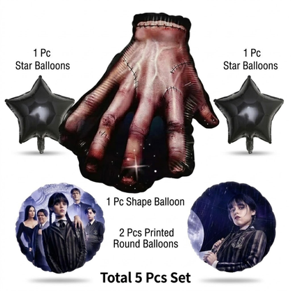 Wednesday Hand Balloon Bouquet Set – 5 Pcs | Spooky Black Star Foil Balloons for Kids Birthday Party Decoration