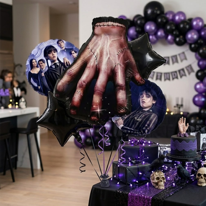 Wednesday Hand Balloon Bouquet Set – 5 Pcs | Spooky Black Star Foil Balloons for Kids Birthday Party Decoration