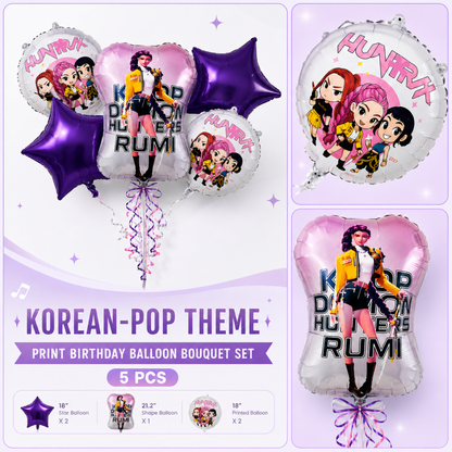 K-POP Theme Rumi Print Birthday Balloon Bouquet Set – 5 Pcs | Purple Star & Character Foil Balloons for Kids Birthday Party Decoration
