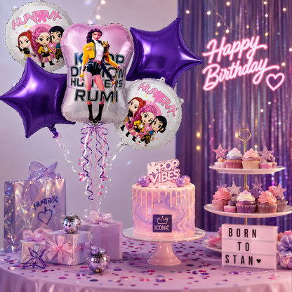 K-POP Theme Rumi Print Birthday Balloon Bouquet Set – 5 Pcs | Purple Star & Character Foil Balloons for Kids Birthday Party Decoration