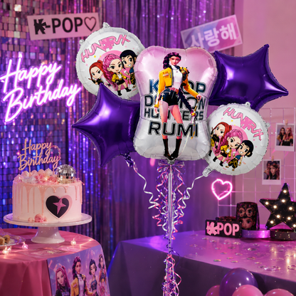 K-POP Theme Rumi Print Birthday Balloon Bouquet Set – 5 Pcs | Purple Star & Character Foil Balloons for Kids Birthday Party Decoration