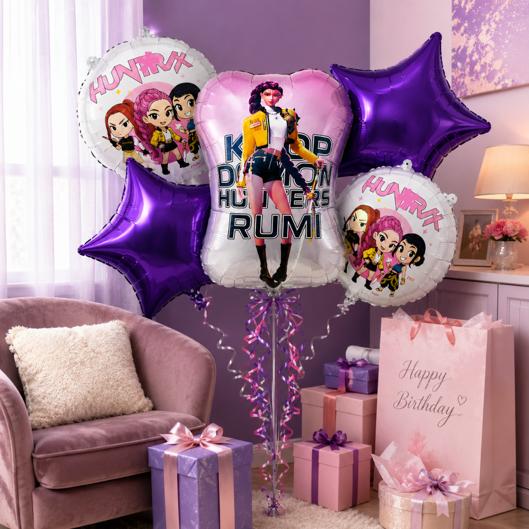 K-POP Theme Rumi Print Birthday Balloon Bouquet Set – 5 Pcs | Purple Star & Character Foil Balloons for Kids Birthday Party Decoration