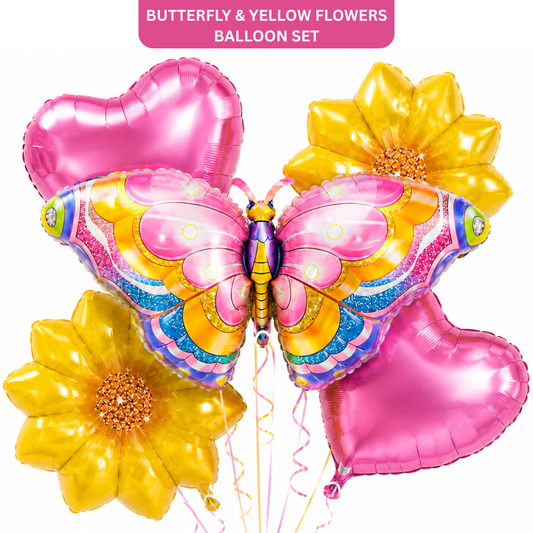 Butterfly & Yellow Flowers Shaped Balloon Bouquet Set – 5 Pcs | Colorful Butterfly, Heart & Floral Foil Balloons for Kids Birthday Party Decoration