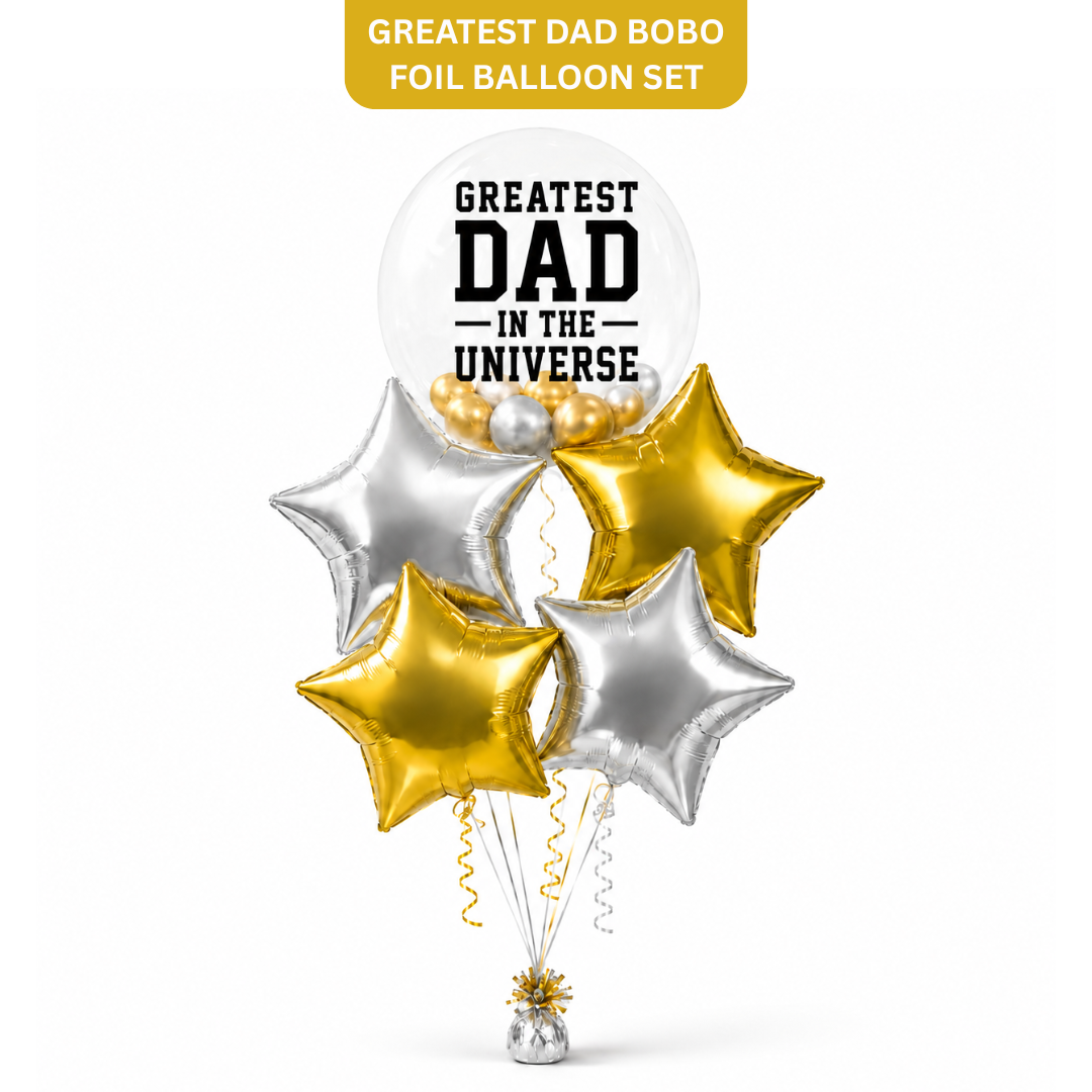 Greatest Dad in the Universe BOBO Foil Balloon Set 5PC, Helium Supported Father’s Day Balloon Bouquet with Star Balloons for Dad Birthday & Surprise Gift Decor