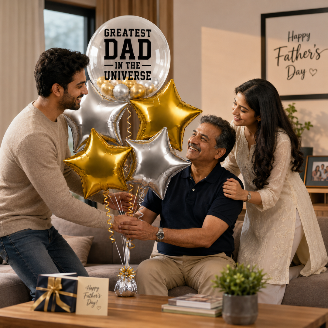 Greatest Dad in the Universe BOBO Foil Balloon Set 5PC, Helium Supported Father’s Day Balloon Bouquet with Star Balloons for Dad Birthday & Surprise Gift Decor