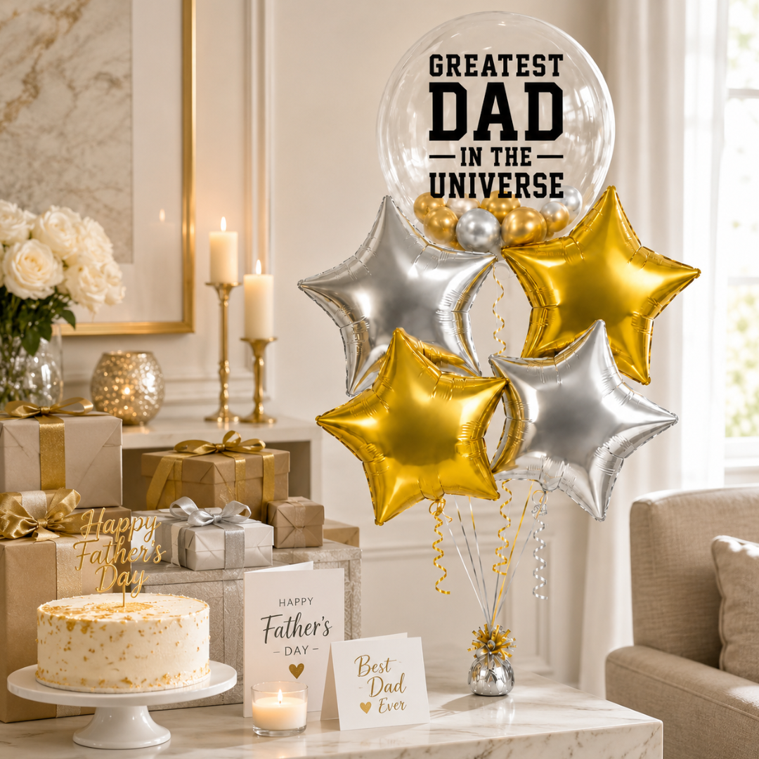 Greatest Dad in the Universe BOBO Foil Balloon Set 5PC, Helium Supported Father’s Day Balloon Bouquet with Star Balloons for Dad Birthday & Surprise Gift Decor