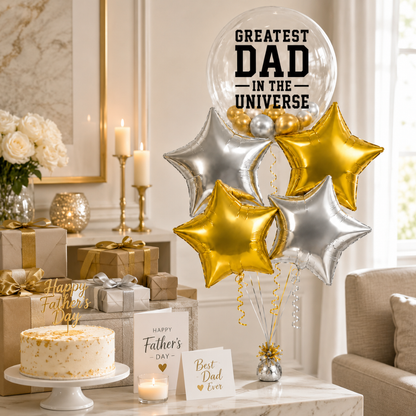 Greatest Dad in the Universe BOBO Foil Balloon Set 5PC, Helium Supported Father’s Day Balloon Bouquet with Star Balloons for Dad Birthday & Surprise Gift Decor