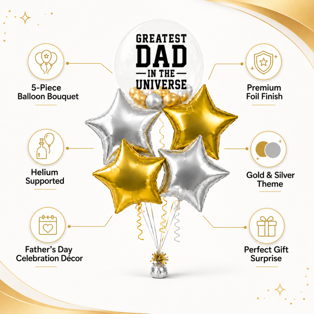 Greatest Dad in the Universe BOBO Foil Balloon Set 5PC, Helium Supported Father’s Day Balloon Bouquet with Star Balloons for Dad Birthday & Surprise Gift Decor