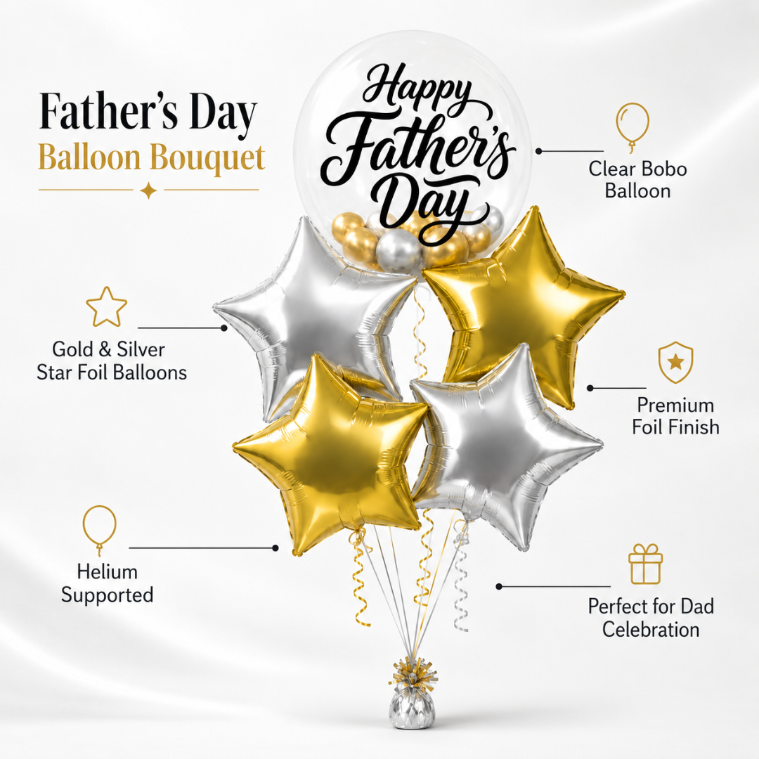 Happy Father’s Day BOBO Foil Balloon Set 5PC, Helium Supported Dad Balloon Bouquet with Star Balloons for Father’s Day, Papa Birthday & Surprise Decor