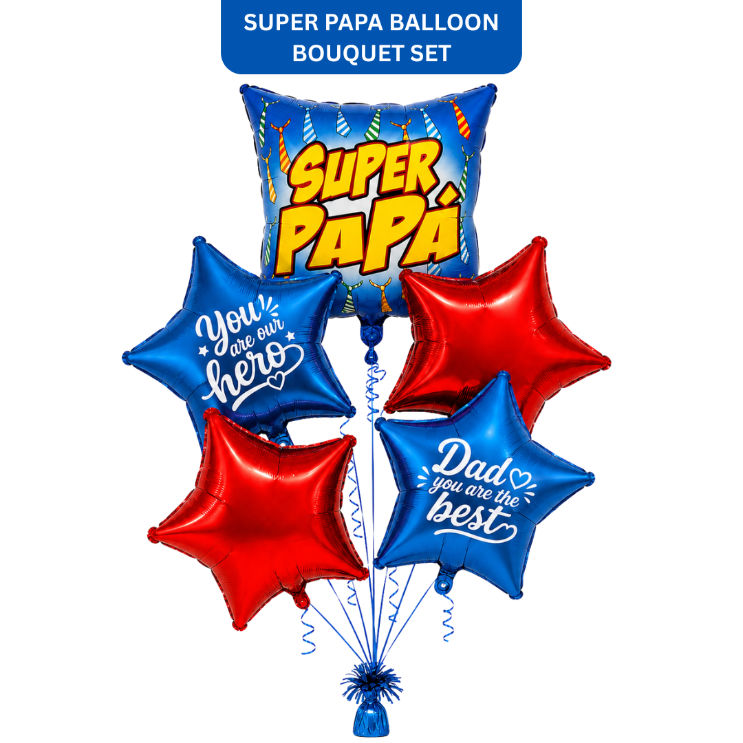 Super Papa Balloon Bouquet Set 5PC, Helium Supported Dad Foil Balloon Set with Star Balloons for Father’s Day, Papa Birthday & Surprise Decoration