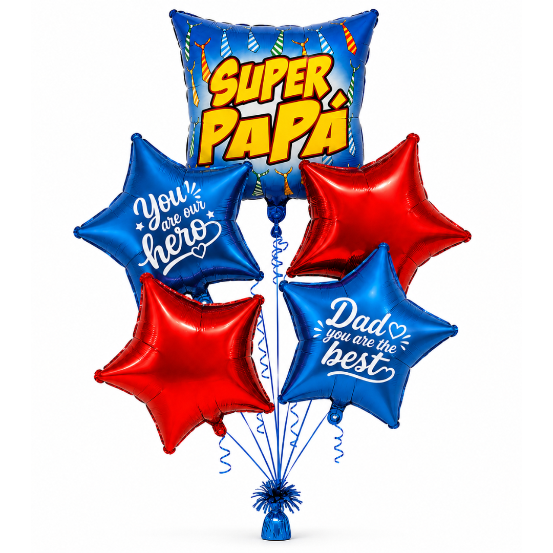Super Papa Balloon Bouquet Set 5PC, Helium Supported Dad Foil Balloon Set with Star Balloons for Father’s Day, Papa Birthday & Surprise Decoration